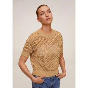 Mango Openwork Brown Short Sleeve Sheer‎ Sweater Size XS